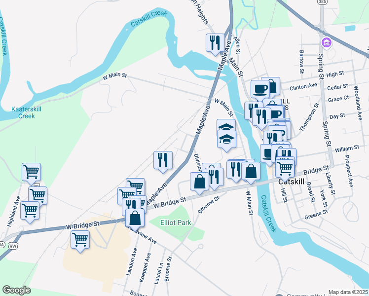 map of restaurants, bars, coffee shops, grocery stores, and more near 97 Maple Avenue in Catskill