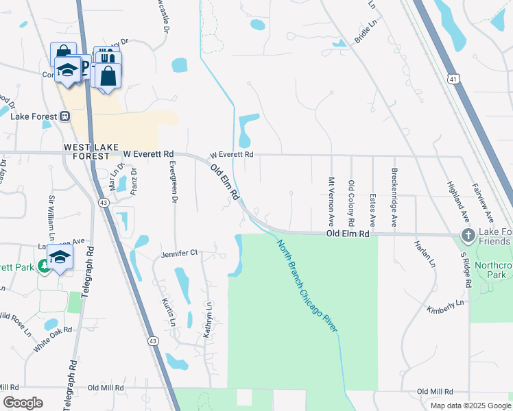 map of restaurants, bars, coffee shops, grocery stores, and more near 640 West Old Elm Road in Lake Forest