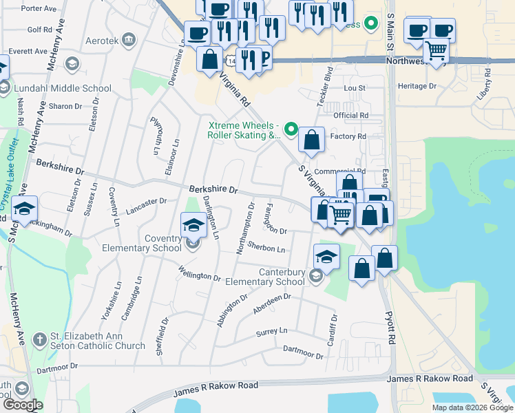 map of restaurants, bars, coffee shops, grocery stores, and more near 767 Northampton Drive in Crystal Lake