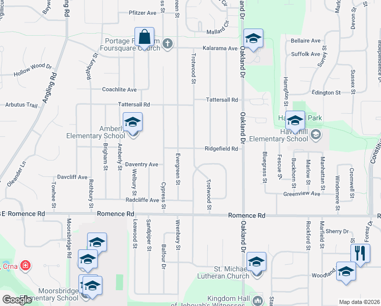 map of restaurants, bars, coffee shops, grocery stores, and more near 6728 Trotwood Street in Portage