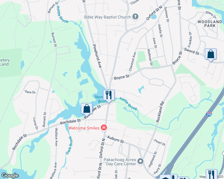 map of restaurants, bars, coffee shops, grocery stores, and more near 3 Vinal Street in Auburn