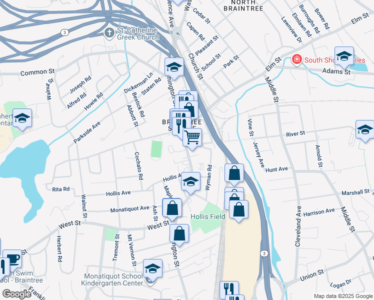 map of restaurants, bars, coffee shops, grocery stores, and more near 1 Parkingway Street in Braintree
