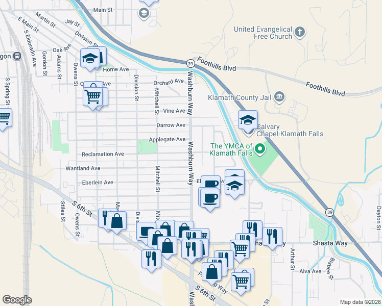 map of restaurants, bars, coffee shops, grocery stores, and more near Washburn Way & Reclamation Ave in Klamath Falls