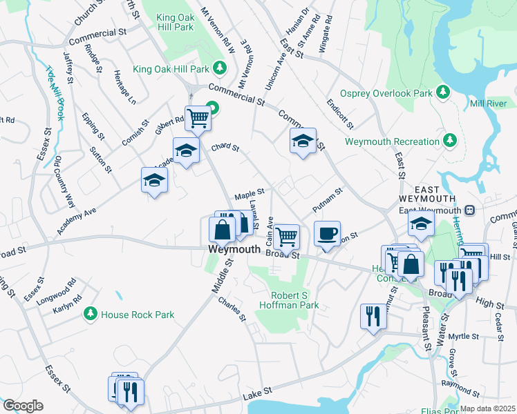 map of restaurants, bars, coffee shops, grocery stores, and more near 46 Cain Avenue in Weymouth