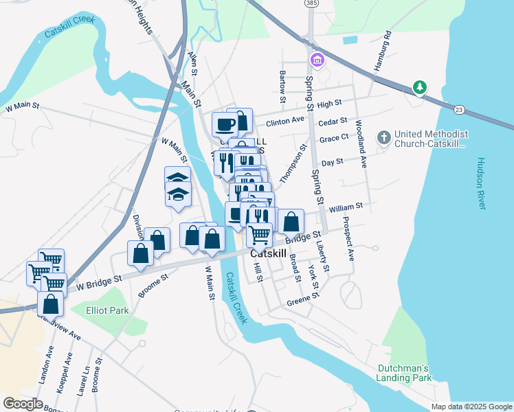 map of restaurants, bars, coffee shops, grocery stores, and more near 10 Canal Street in Catskill