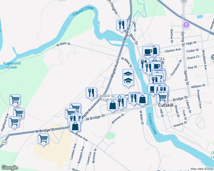 map of restaurants, bars, coffee shops, grocery stores, and more near 97 Maple Avenue in Catskill