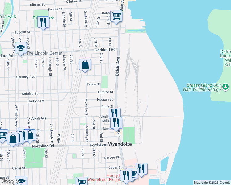 map of restaurants, bars, coffee shops, grocery stores, and more near 1444 Biddle Avenue in Wyandotte