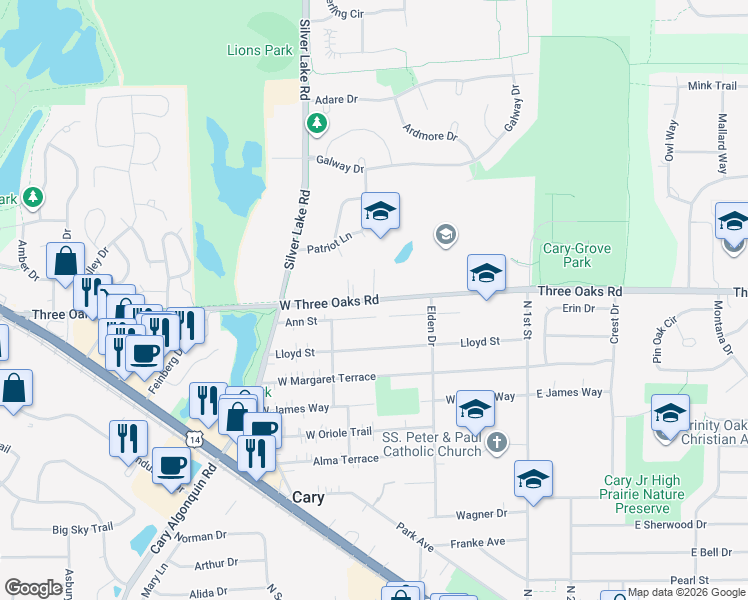 map of restaurants, bars, coffee shops, grocery stores, and more near 364 Ann Street in Cary