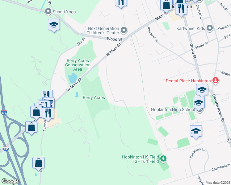map of restaurants, bars, coffee shops, grocery stores, and more near 21 Whalen Road in Hopkinton