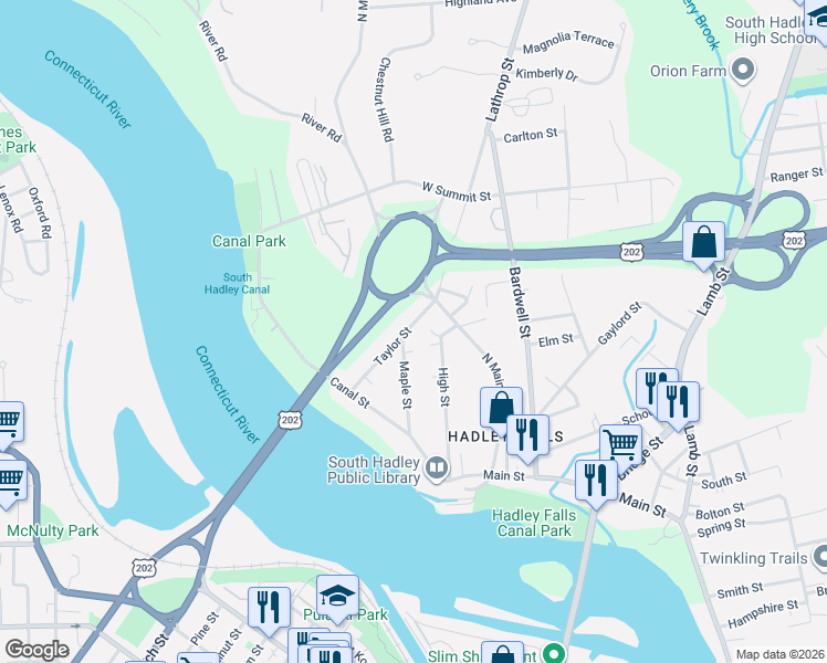map of restaurants, bars, coffee shops, grocery stores, and more near 21 Taylor Street in South Hadley