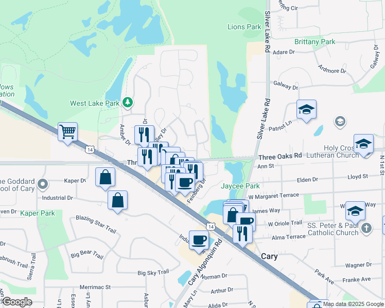 map of restaurants, bars, coffee shops, grocery stores, and more near 2 Bright Oaks Circle in Cary