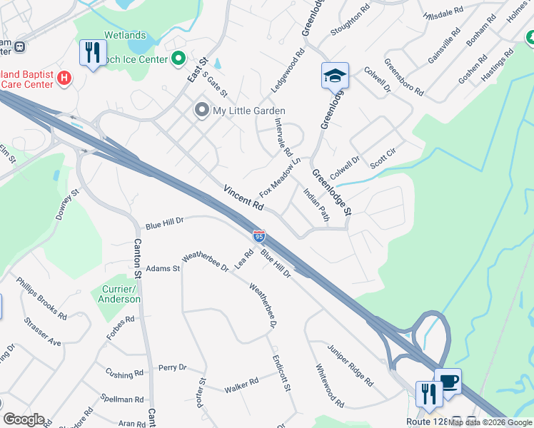 map of restaurants, bars, coffee shops, grocery stores, and more near 193 Vincent Road in Dedham