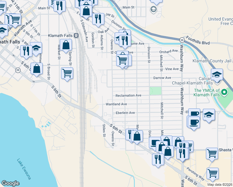 map of restaurants, bars, coffee shops, grocery stores, and more near 1124 Owens Street in Klamath Falls