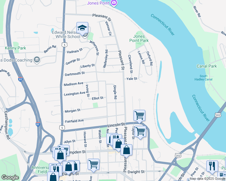 map of restaurants, bars, coffee shops, grocery stores, and more near 62 Nonotuck Street in Holyoke