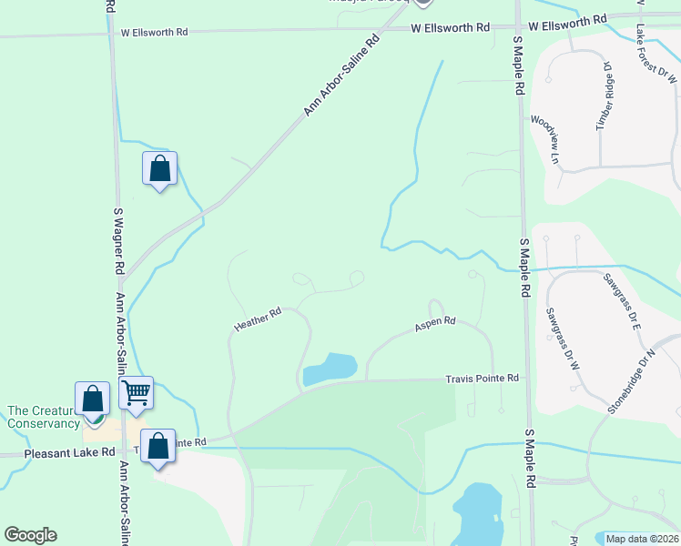 map of restaurants, bars, coffee shops, grocery stores, and more near 4562 Cross Creek Drive in Ann Arbor