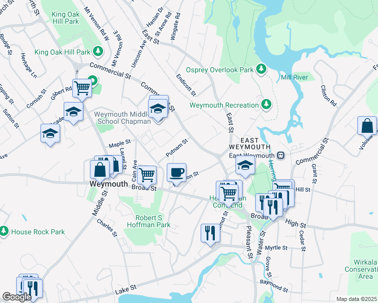 map of restaurants, bars, coffee shops, grocery stores, and more near 85 Putnam Street in Weymouth