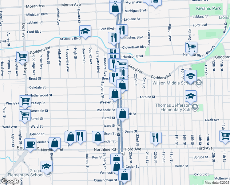 map of restaurants, bars, coffee shops, grocery stores, and more near 12163-12199 Fort St in Wyandotte