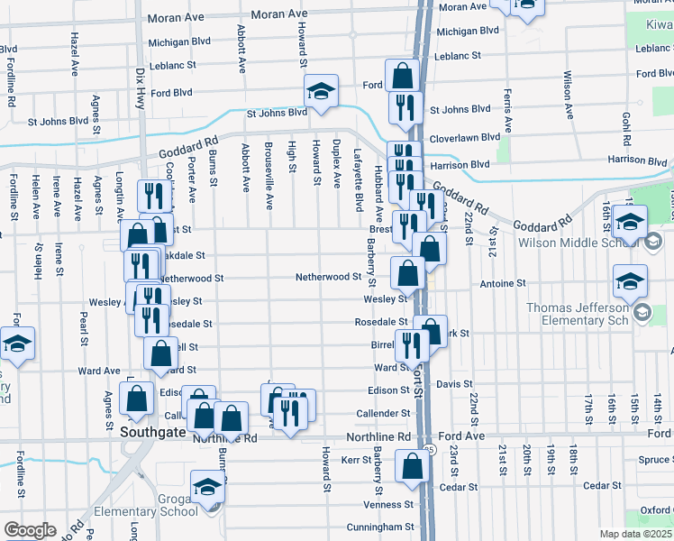 map of restaurants, bars, coffee shops, grocery stores, and more near 13168 Wesley Street in Southgate