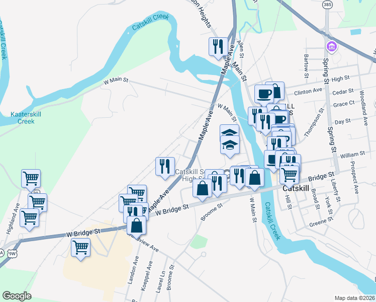 map of restaurants, bars, coffee shops, grocery stores, and more near 97 Maple Avenue in Catskill
