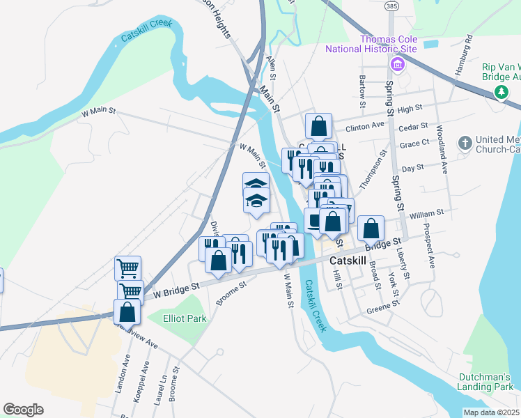 map of restaurants, bars, coffee shops, grocery stores, and more near 345 West Main Street in Catskill