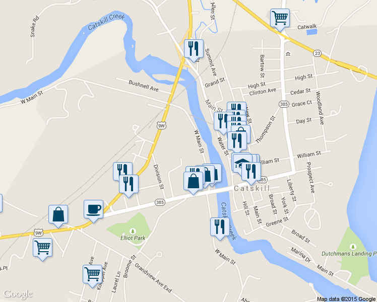 map of restaurants, bars, coffee shops, grocery stores, and more near 345 West Main Street in Catskill