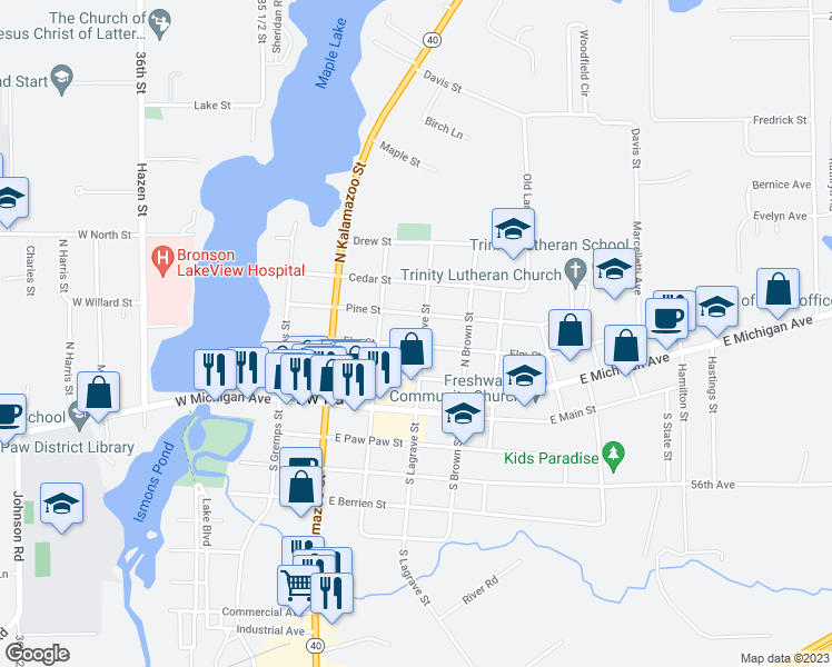 map of restaurants, bars, coffee shops, grocery stores, and more near 305 North Lagrave Street in Paw Paw