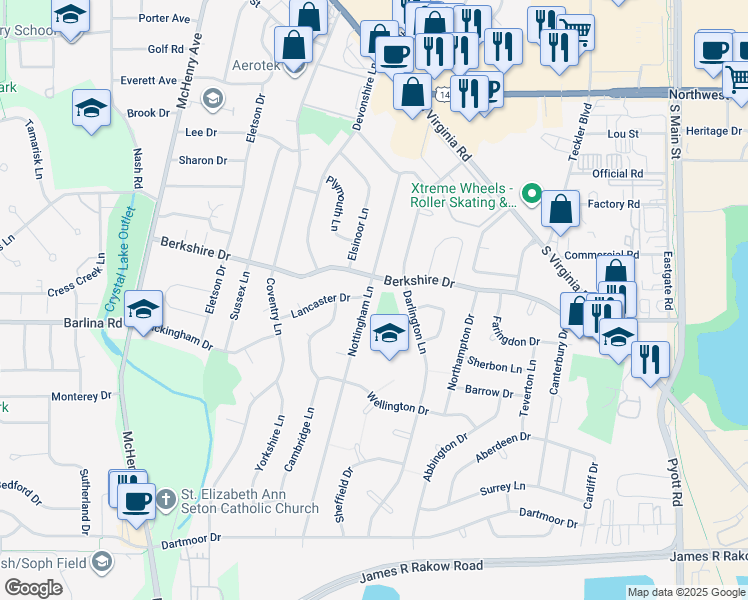 map of restaurants, bars, coffee shops, grocery stores, and more near 755 Nottingham Lane in Crystal Lake