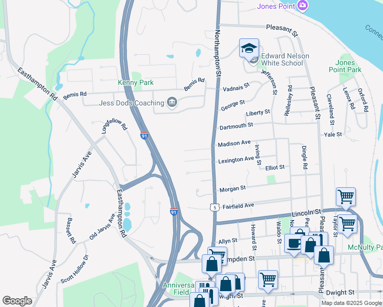 map of restaurants, bars, coffee shops, grocery stores, and more near 240 Madison Avenue West in Holyoke