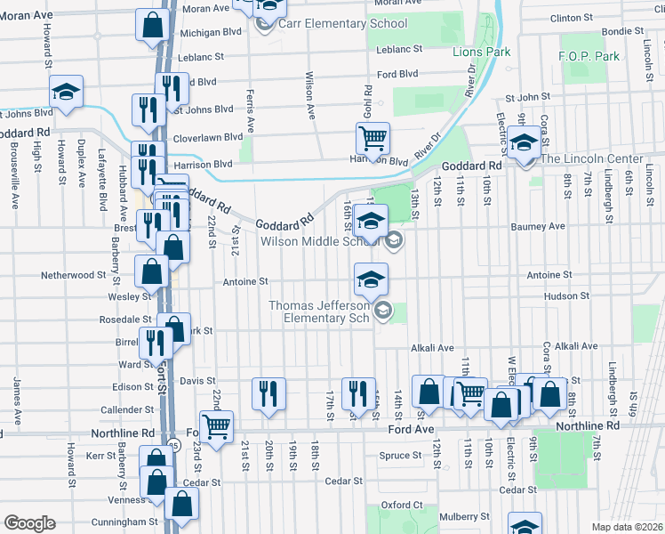 map of restaurants, bars, coffee shops, grocery stores, and more near 1410 17th Street in Wyandotte