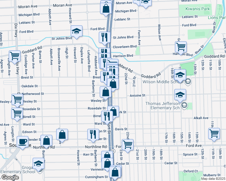map of restaurants, bars, coffee shops, grocery stores, and more near 12163-12199 Fort St in Wyandotte
