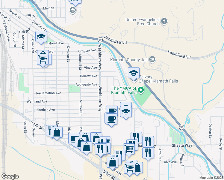 map of restaurants, bars, coffee shops, grocery stores, and more near 1115 Applewood Street in Klamath Falls