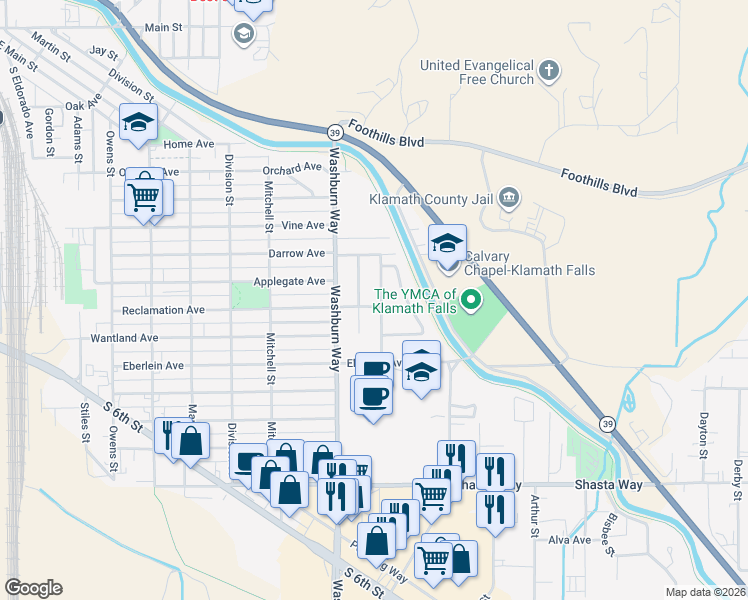 map of restaurants, bars, coffee shops, grocery stores, and more near 1115 Applewood Street in Klamath Falls