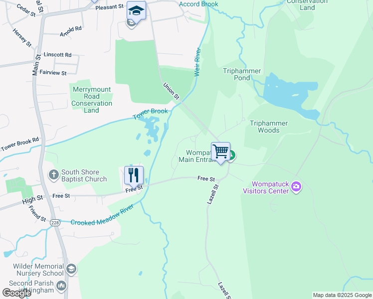 map of restaurants, bars, coffee shops, grocery stores, and more near 112 Thistle Patch Way in Hingham
