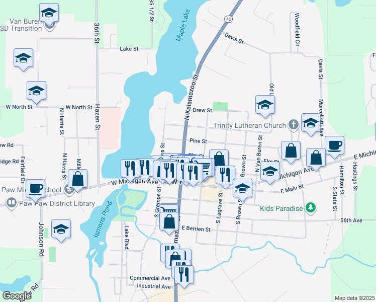 map of restaurants, bars, coffee shops, grocery stores, and more near 208 Elm Street in Paw Paw