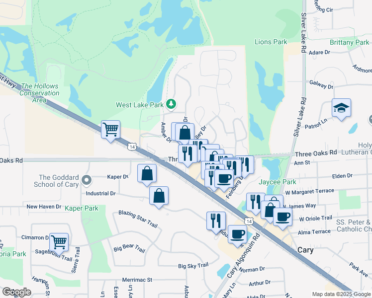 map of restaurants, bars, coffee shops, grocery stores, and more near 750 Northwest Highway in Cary