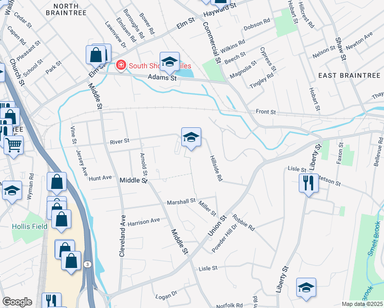 map of restaurants, bars, coffee shops, grocery stores, and more near 305 River Street in Braintree