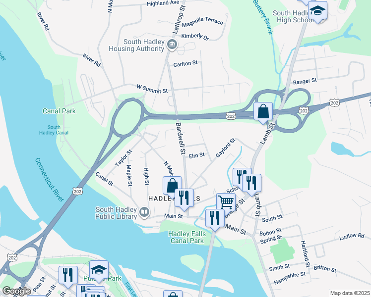 map of restaurants, bars, coffee shops, grocery stores, and more near 49 Bardwell Street in South Hadley