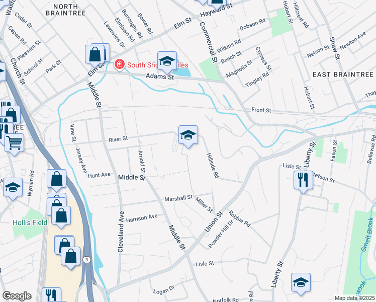 map of restaurants, bars, coffee shops, grocery stores, and more near 305 River Street in Braintree