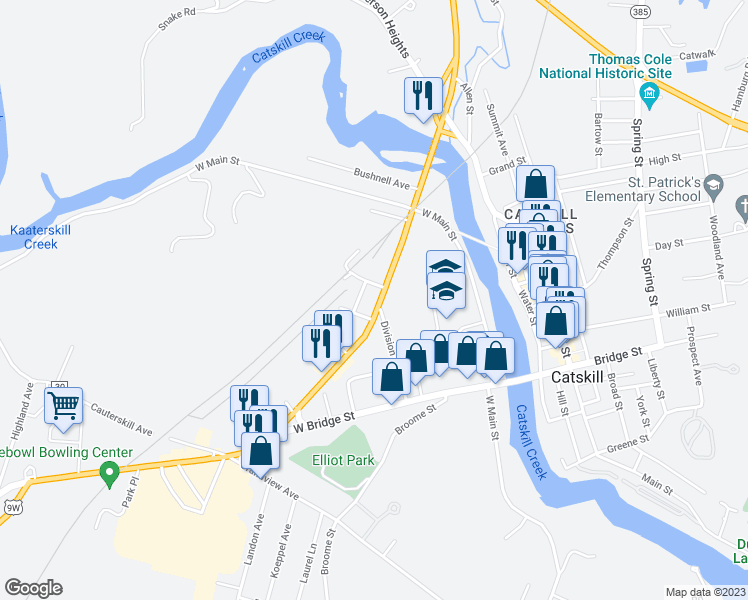 map of restaurants, bars, coffee shops, grocery stores, and more near 119 Maple Avenue in Catskill