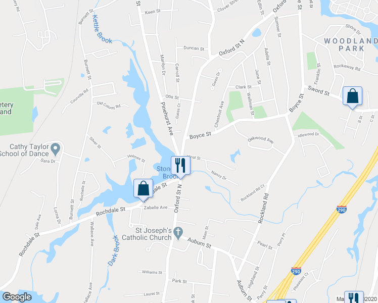 map of restaurants, bars, coffee shops, grocery stores, and more near 3 Vinal Street in Auburn