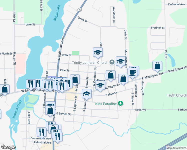 map of restaurants, bars, coffee shops, grocery stores, and more near 212 North Van Buren Street in Paw Paw