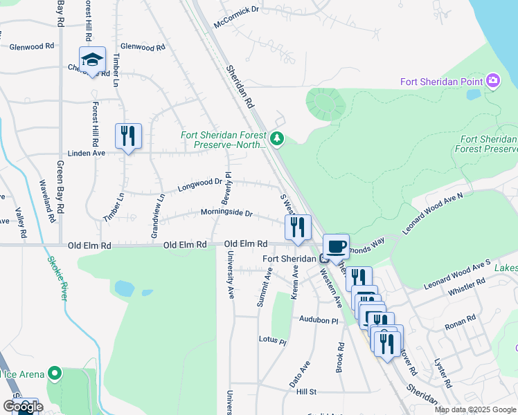 map of restaurants, bars, coffee shops, grocery stores, and more near 905 Morningside Drive in Lake Forest