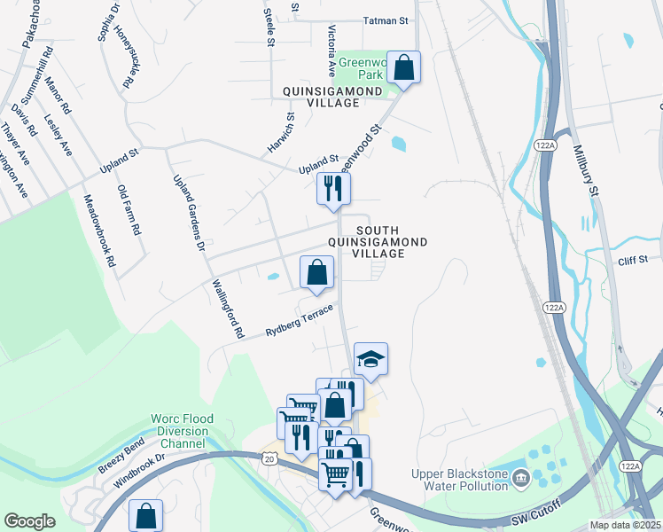 map of restaurants, bars, coffee shops, grocery stores, and more near 3 Southold Road in Worcester