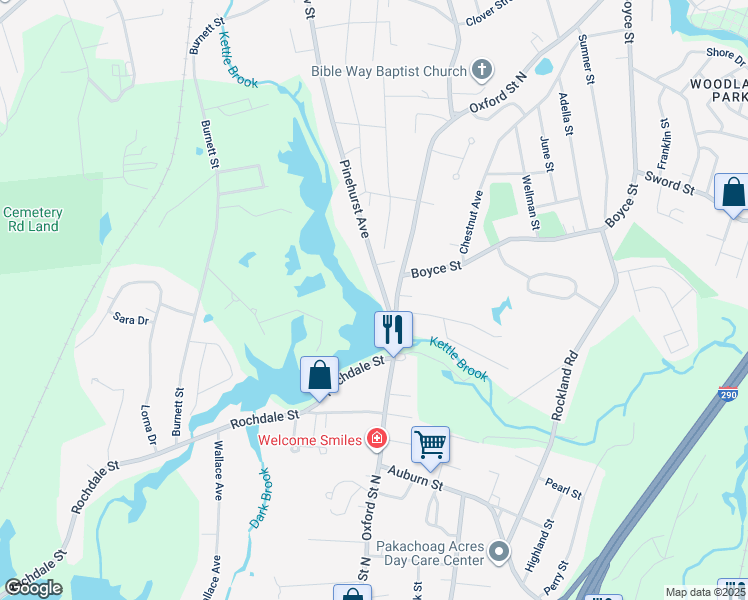 map of restaurants, bars, coffee shops, grocery stores, and more near 102 Oxford Street North in Auburn