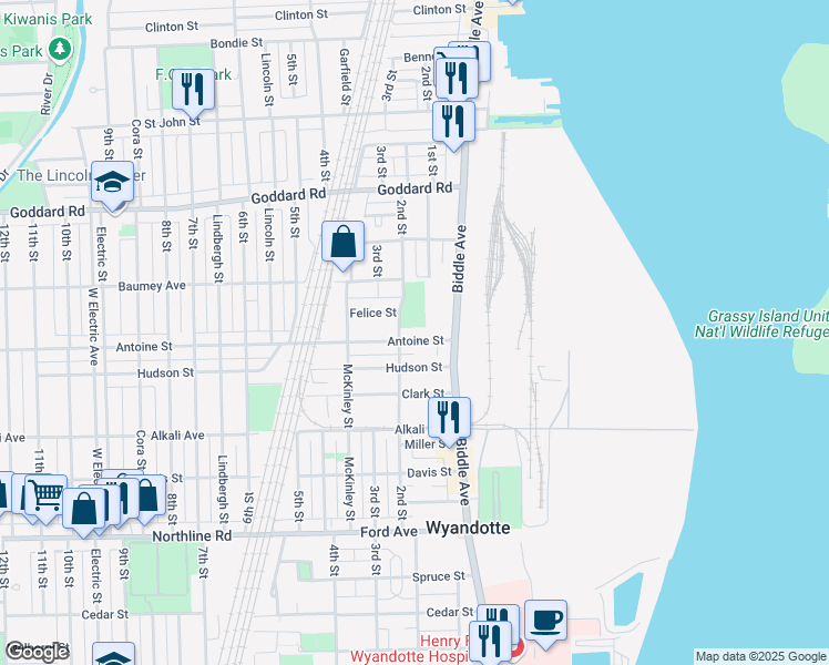 map of restaurants, bars, coffee shops, grocery stores, and more near 1254 2nd Street in Wyandotte