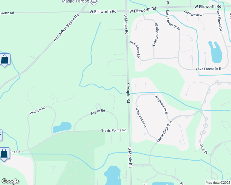 map of restaurants, bars, coffee shops, grocery stores, and more near 2505 Southwoods Trail in Ann Arbor