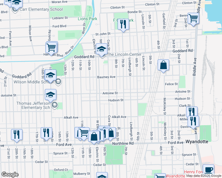 map of restaurants, bars, coffee shops, grocery stores, and more near 1291 Cora Street in Wyandotte