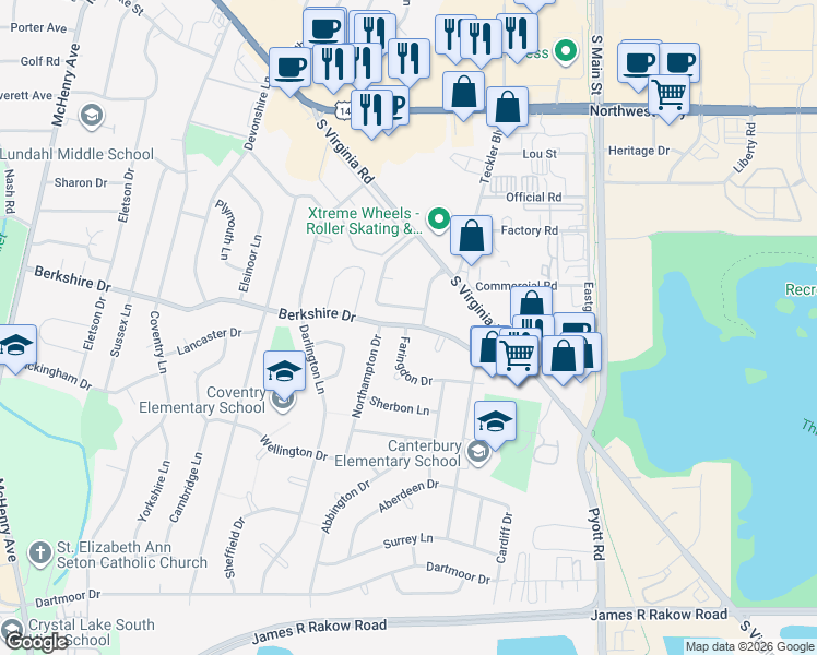 map of restaurants, bars, coffee shops, grocery stores, and more near 93 Berkshire Drive in Crystal Lake
