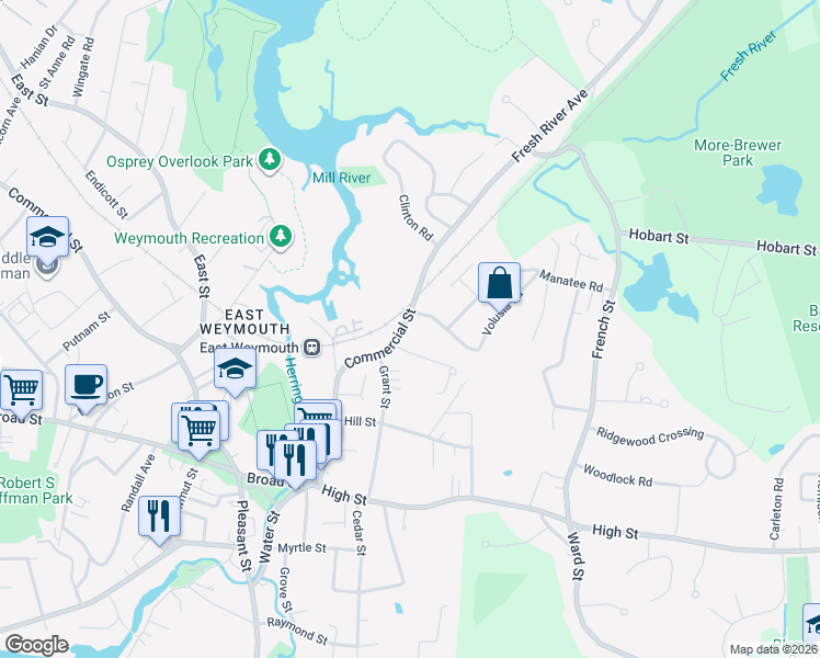 map of restaurants, bars, coffee shops, grocery stores, and more near 1678 Commercial Street in Weymouth
