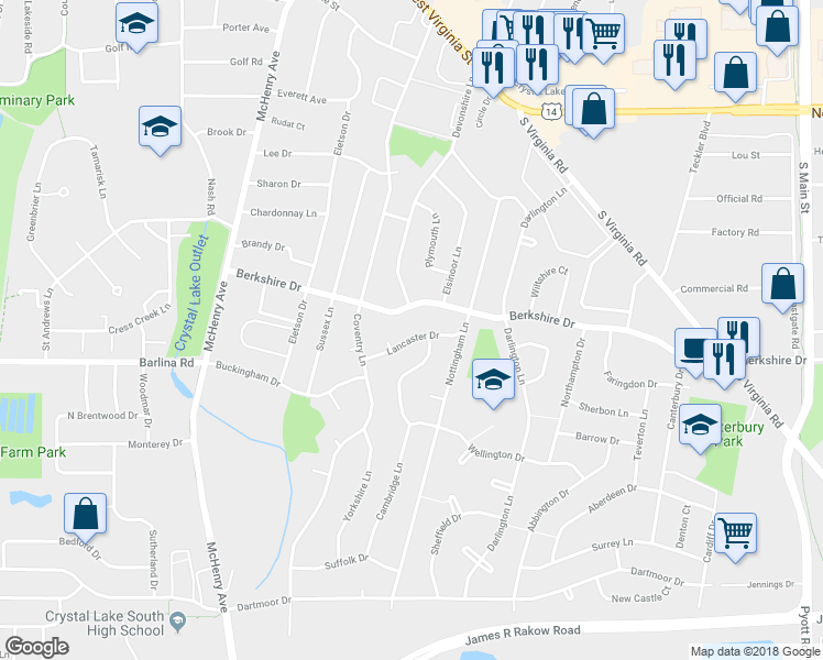 map of restaurants, bars, coffee shops, grocery stores, and more near 296 Lancaster Drive in Crystal Lake
